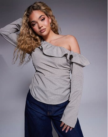 off shoulder frill top in check