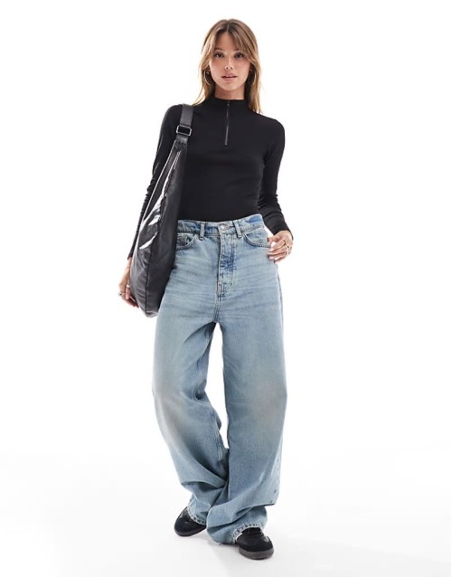 ribbed high neck half zip long sve bodysuit in black