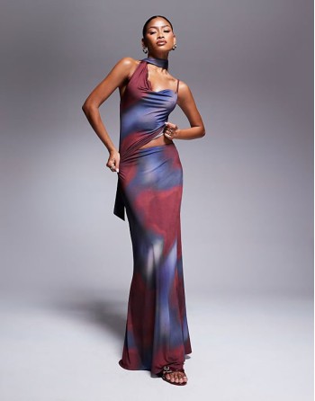 co-ord slinky cowl top with scarf detail and maxi skirt in blurred burgundy print