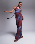 co-ord slinky cowl top with scarf detail and maxi skirt in blurred burgundy print