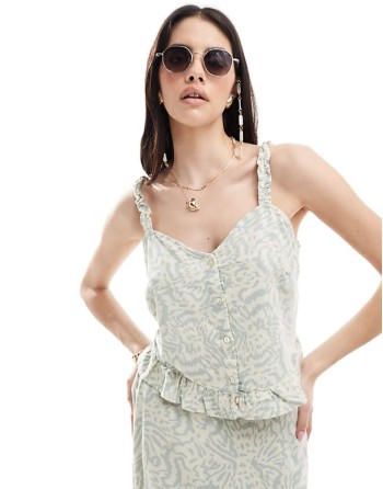 linen blend buttondown top co-ord in abstract print
