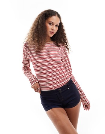 haruka long sve striped fitted top in red and white