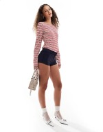 haruka long sve striped fitted top in red and white