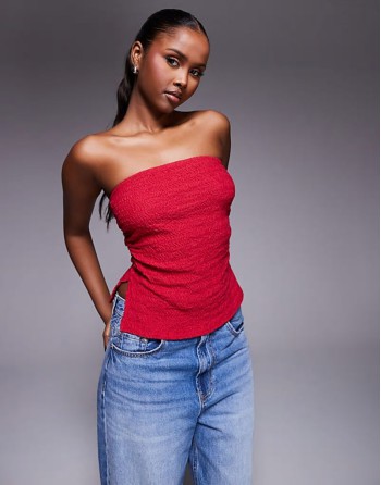 textured bandeau with split sides in cherry red