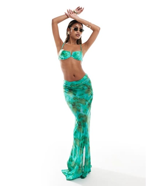 shiny abstract print bikini in green