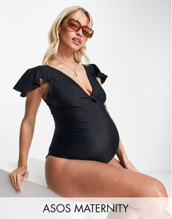 Maternity knot front flutter sve swimsuit in black