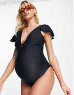 Maternity knot front flutter sve swimsuit in black