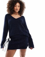 metallic tinsel v neck jumper and mini skirt co-ord in navy