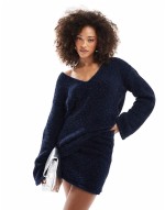 metallic tinsel v neck jumper and mini skirt co-ord in navy