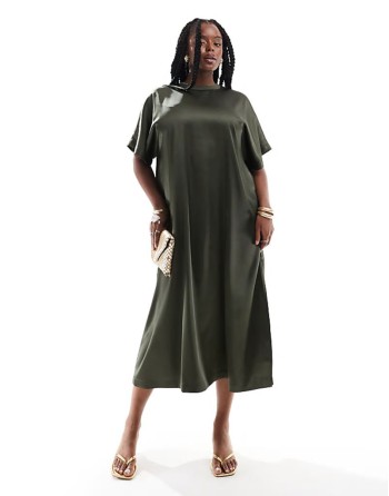 Curve satin oversized midi tshirt dress in khaki