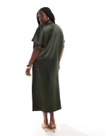 Curve satin oversized midi tshirt dress in khaki