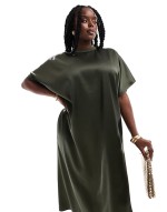 Curve satin oversized midi tshirt dress in khaki