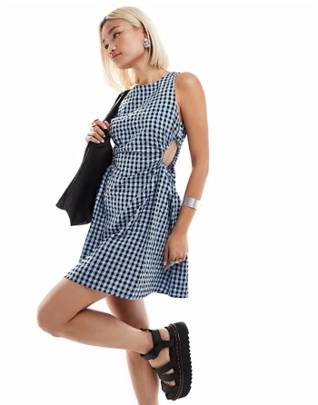 sveless mini seersucker dress with ruched sides and cut out detail in dark blue and black gingham check