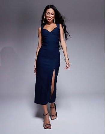 cut out detail front split midaxi dress in navy