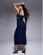 cut out detail front split midaxi dress in navy