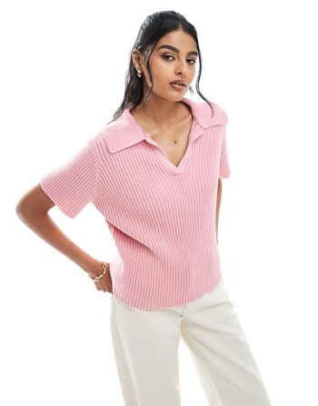 knitted polo top in pink