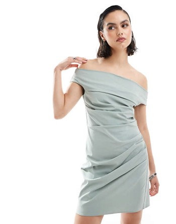 bengaline off shoulder mini dress in sage green