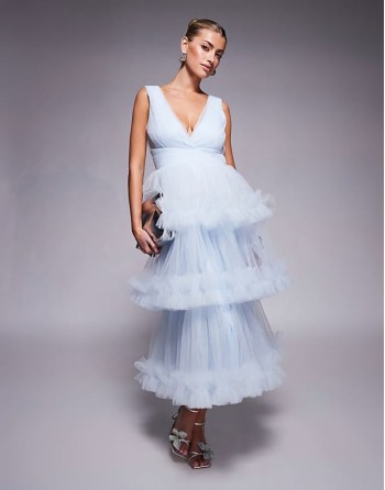 ruffle tiered midaxi dress in sky blue