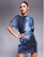 caped open back mini dress in blue print