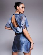 caped open back mini dress in blue print