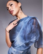 caped open back mini dress in blue print