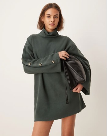 supersoft high neck button sve shift mini dress in forest green