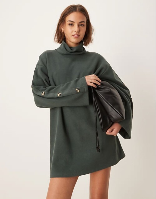 supersoft high neck button sve shift mini dress in forest green