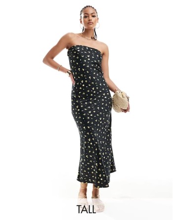 satin bandeau maxi dress in black with yellow floral