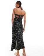 satin bandeau maxi dress in black with yellow floral