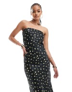 satin bandeau maxi dress in black with yellow floral