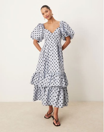 Dream  puff sve ruffle maxi dress in pale blue polka dot