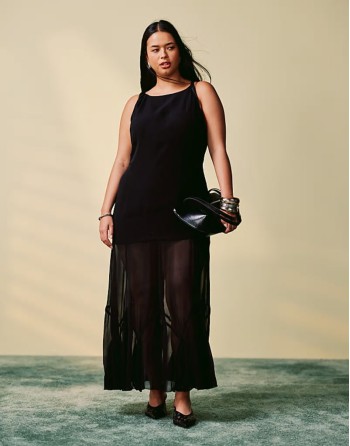 Curve dropped waist maxi dress witth full godet hem in black