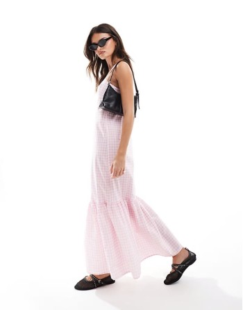 poplin tiered maxi dress in pink gingham