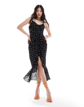 ruffle maxi  midi dress in black spot