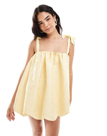 jacquard cold shoulder tie strap bubble mini dress in lemon yellow