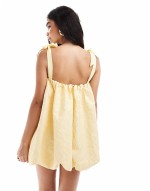 jacquard cold shoulder tie strap bubble mini dress in lemon yellow