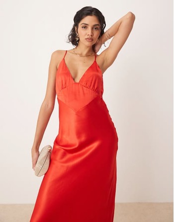 satin slip maxi dress in fiery red