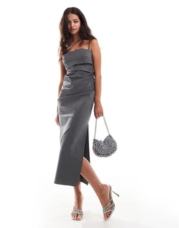 structured ruched bodycon midi dress in slate grey