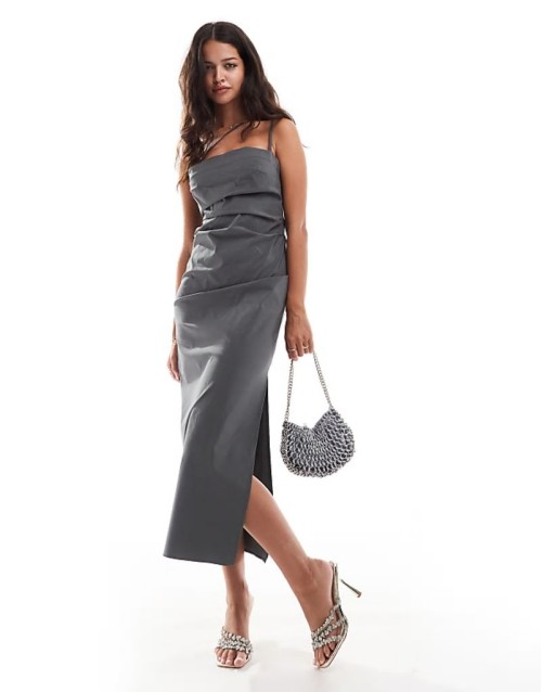 structured ruched bodycon midi dress in slate grey
