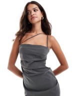 structured ruched bodycon midi dress in slate grey