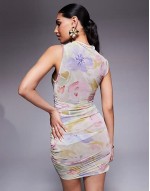 mesh scooped away neckline mini dress with twisted strap in pastel floral print