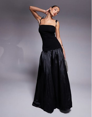 Alexa satin shoulder tie maxi dress in black