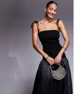 Alexa satin shoulder tie maxi dress in black