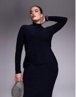 Curve long sve ruched detail midaxi dress with twist open back in navy
