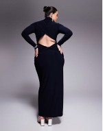 Curve long sve ruched detail midaxi dress with twist open back in navy