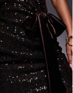 sequin maxi dress with velvet bows in chocolate brown