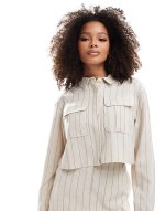 pinstripe linen look pocket detail shirt & linen look short co-ord in cream