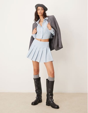 tennis skirt  & ultimate crop shirt co-ord in blue & white stripe