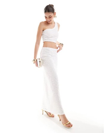 broderie lace one shoulder top and maxi skirt co-ord in white