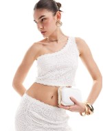 broderie lace one shoulder top and maxi skirt co-ord in white